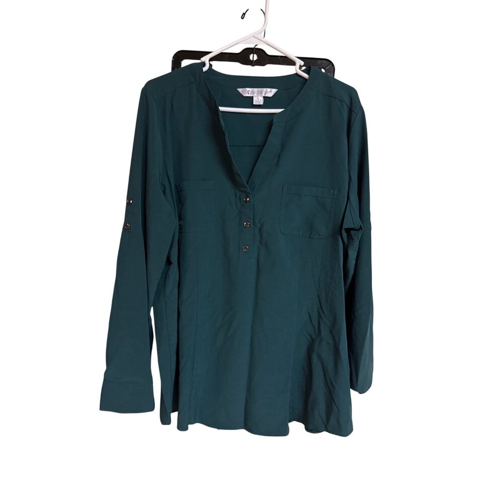 Green Lilac Bloom Womens XL Button-Front Blouse Long Sleeve Polyester Spandex